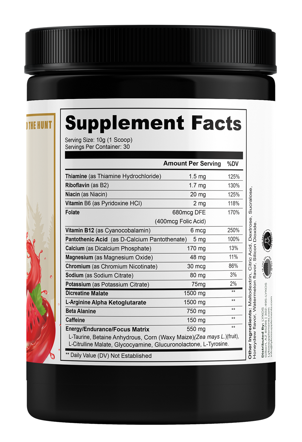 Lykos Pre-Workout Powder|WolfBlood Watermelon, Vitamin B12, 150mg Caffeine, 30 Servings | Size 10.58oz